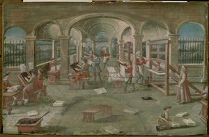 Interno di una tipografia nel XVI secolo da French School